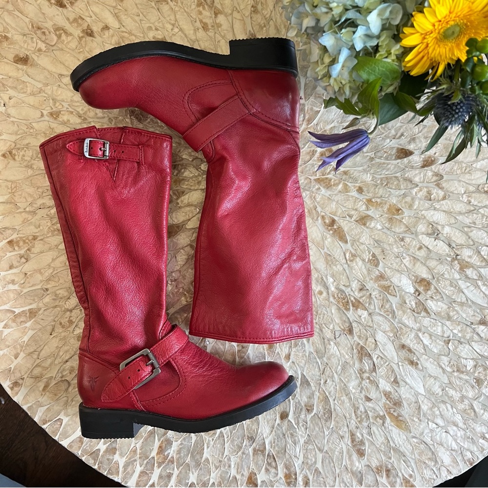 NEW Frye Kids Veronica Slouch Leather Tall Boots, Size 1.5, Red